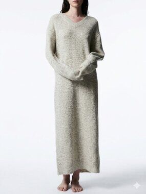 Zara Maxi Sweater Dress Light Heather Gray V-Neck Small